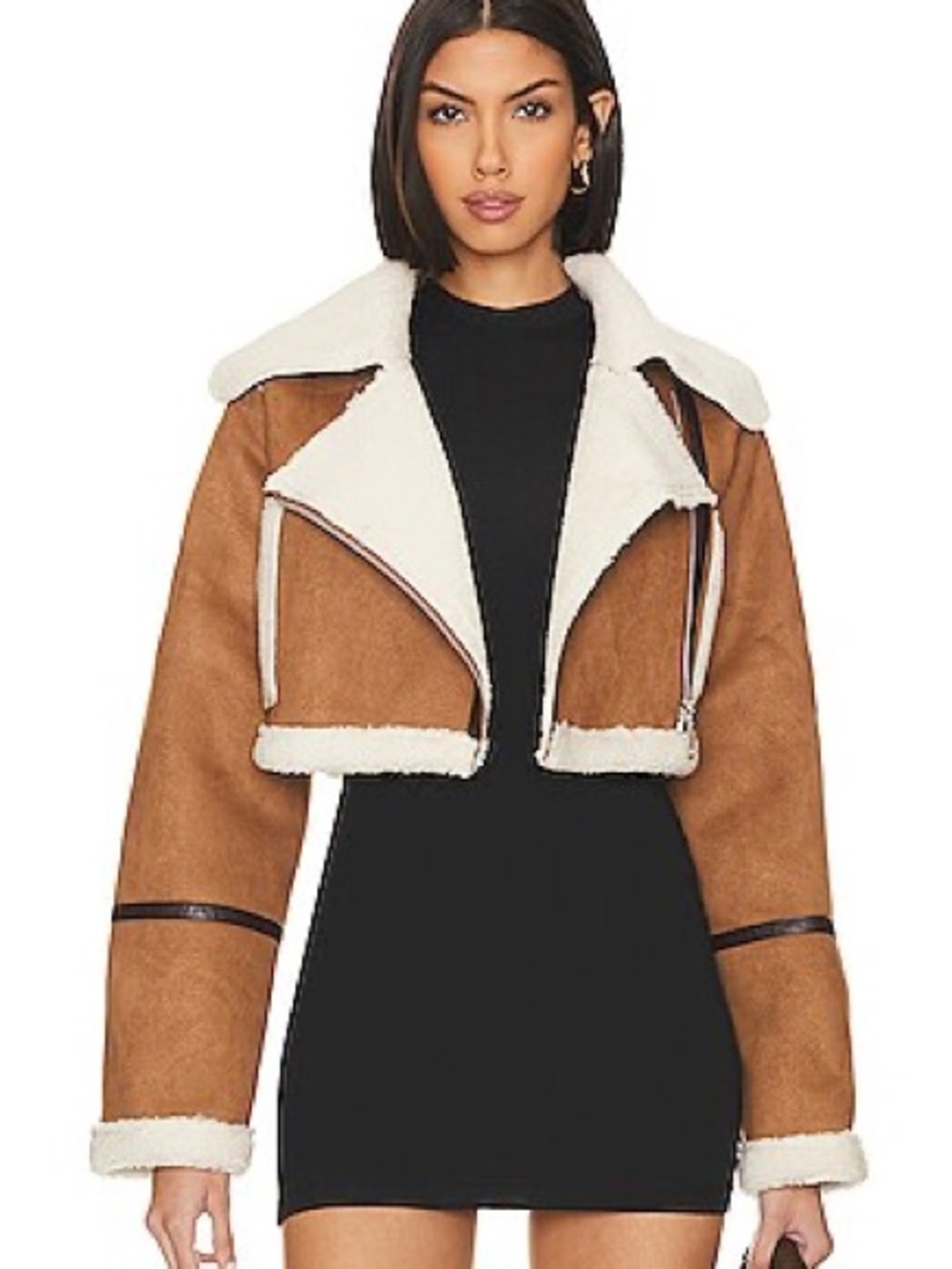 Adrienne Landau Cropped Faux Suede Teddy Jacket in Brown with Cream Shearling